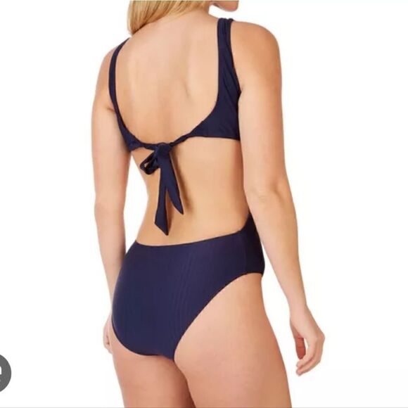 Nine West Solid Navy Blue Ribbed Tie Back One Piece Swimsuit - Size Large - Picture 2 of 15